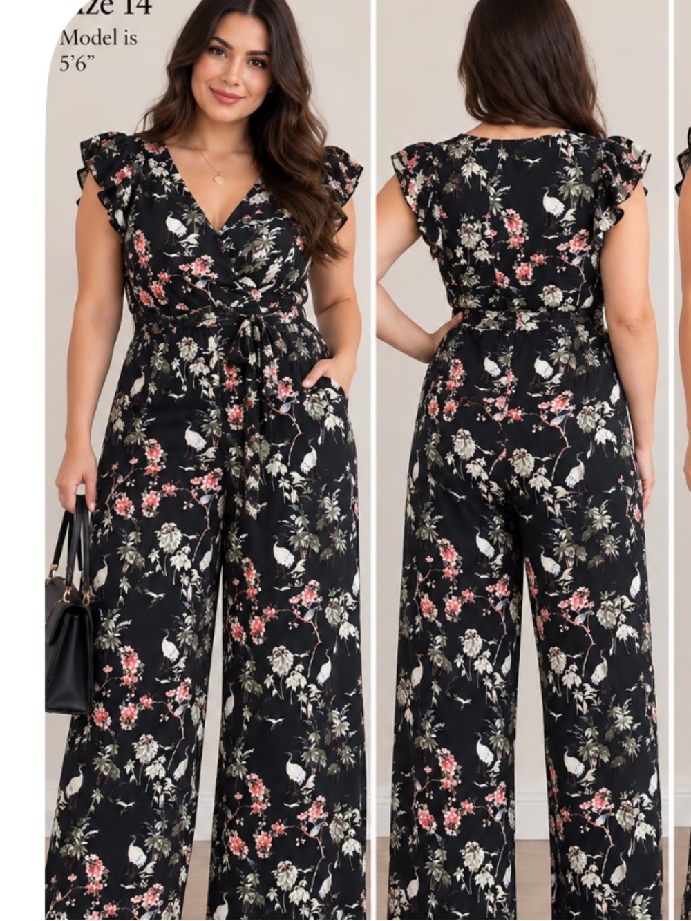 Banana Republic Black Floral Jumpsuit with Pink Blossoms flamingo print